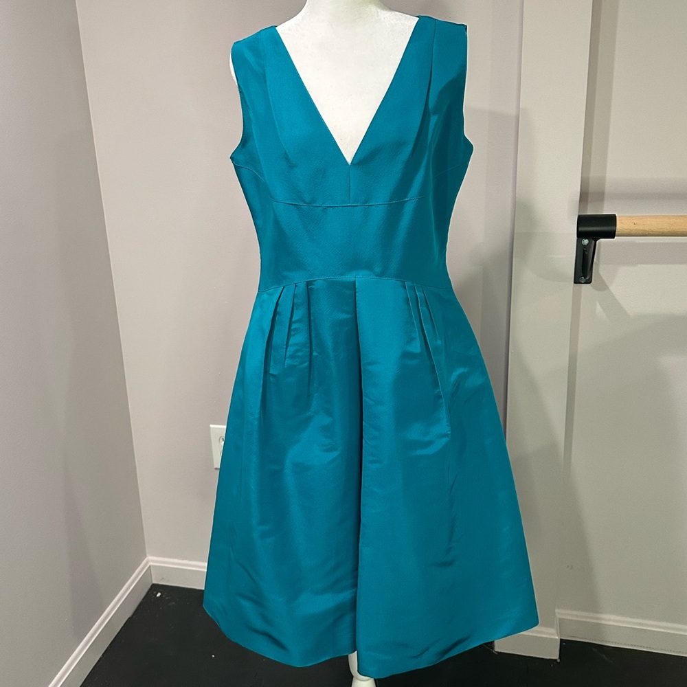 Oscar de la Renta Teal V-Neck Midi Dress